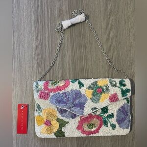 Kelly & Katie Colorful Floral Beaded Clutch with Silver Chain Strap